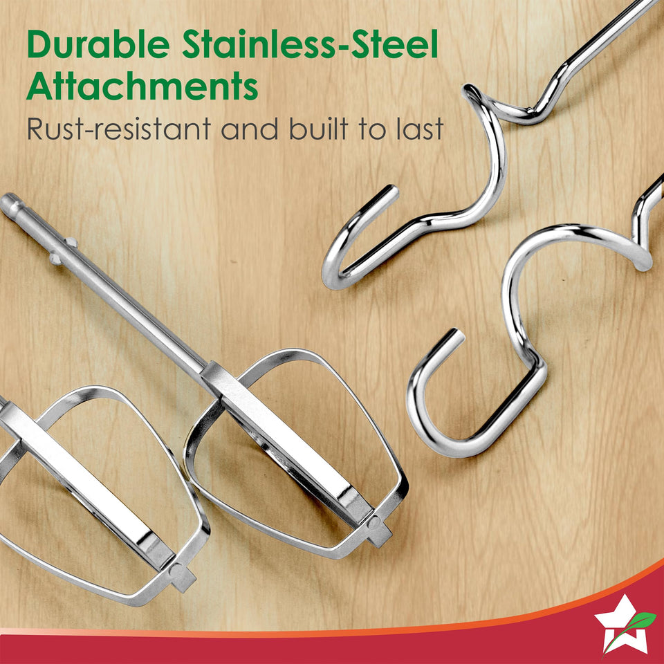 Close-up of Wonderchef Essenza 63155060 stainless-steel beaters and dough hooks