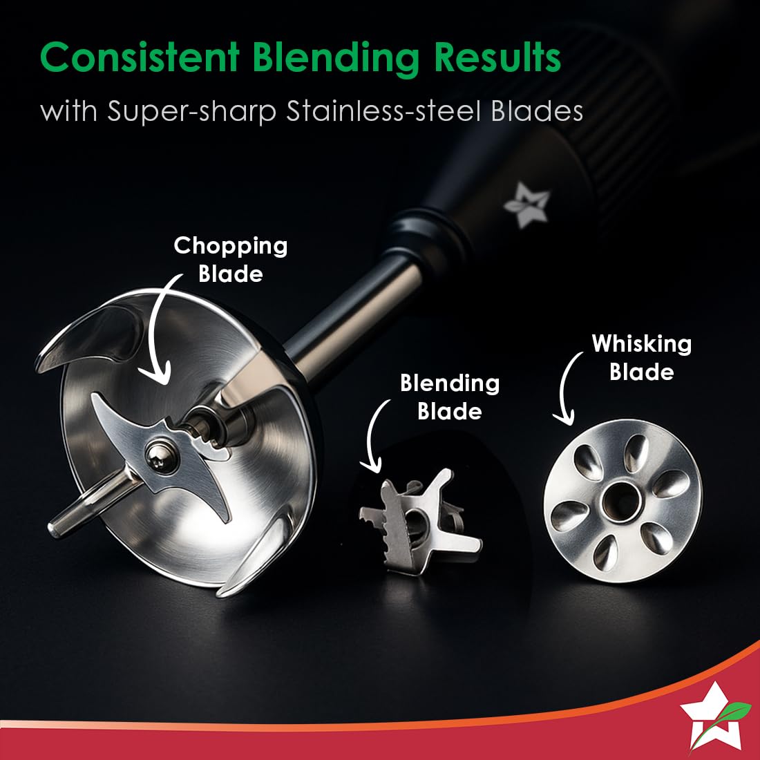 Wonderchef Prima Plus chopping, blending and whisking stainless steel blades shown close up