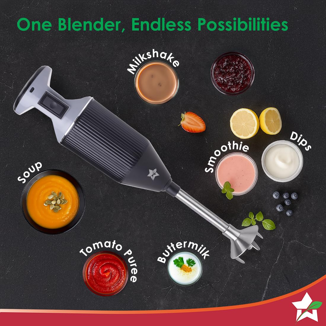 Wonderchef Prima Plus hand blender with soup, milkshake, smoothie, dips, tomato puree and buttermilk around it