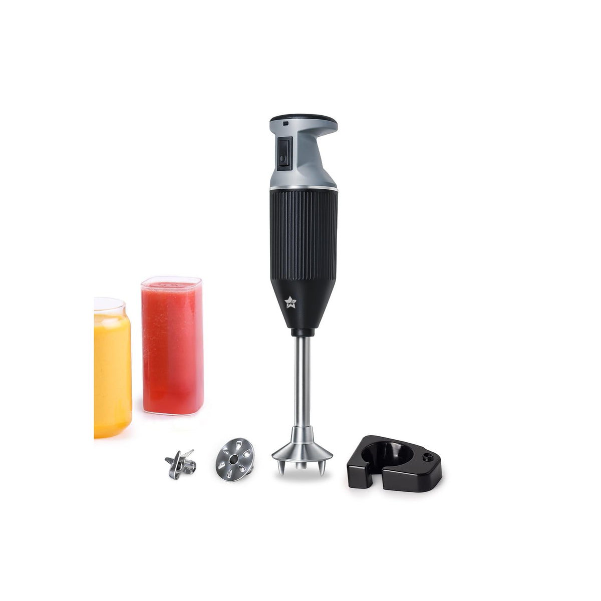 Wonderchef Prima Plus 250 W black hand blender with blending, whisking and chopping blades, wall holder and glasses of juice
