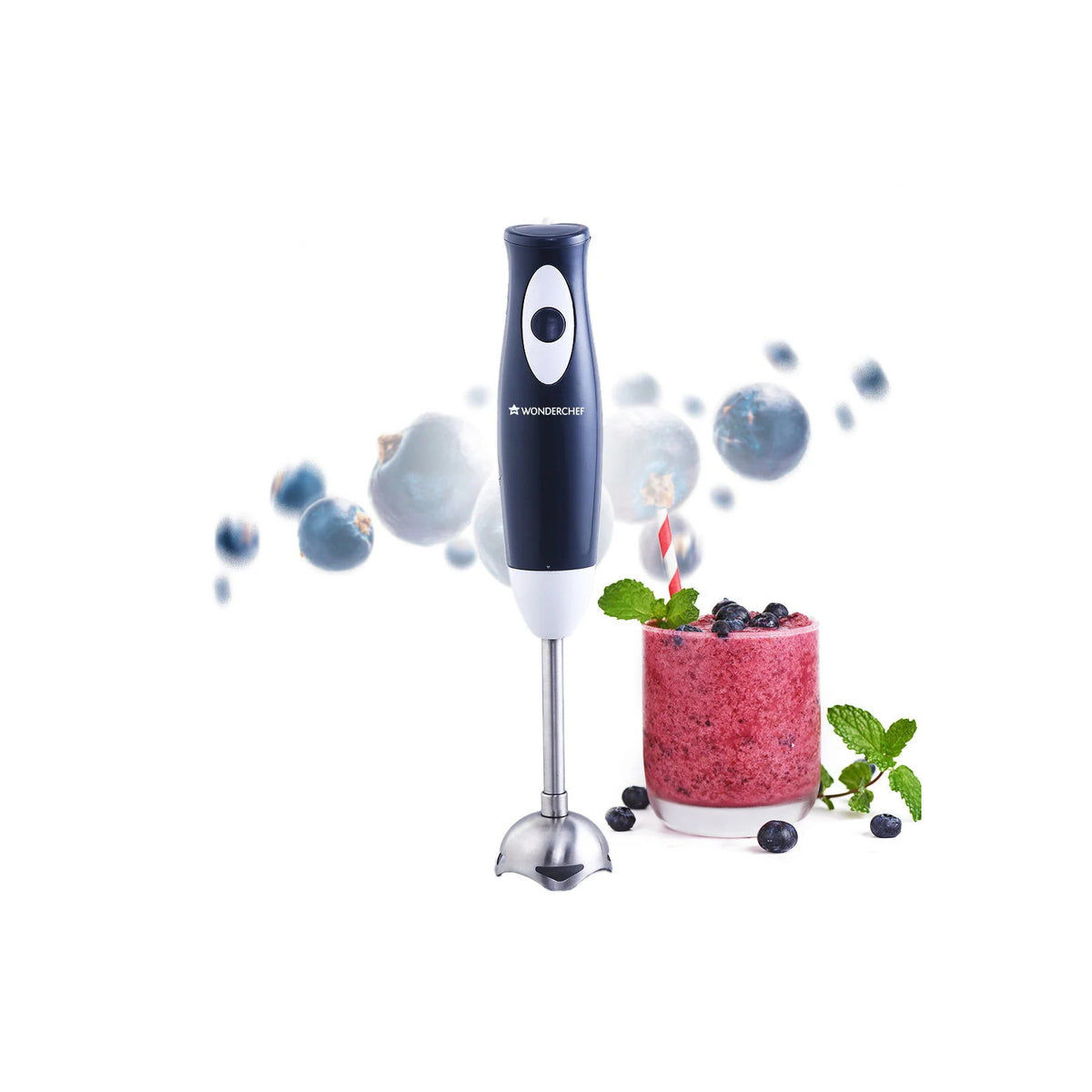 Wonderchef Ultima Plus 63153396 black and white hand blender with stainless steel shaft beside a berry smoothie glass