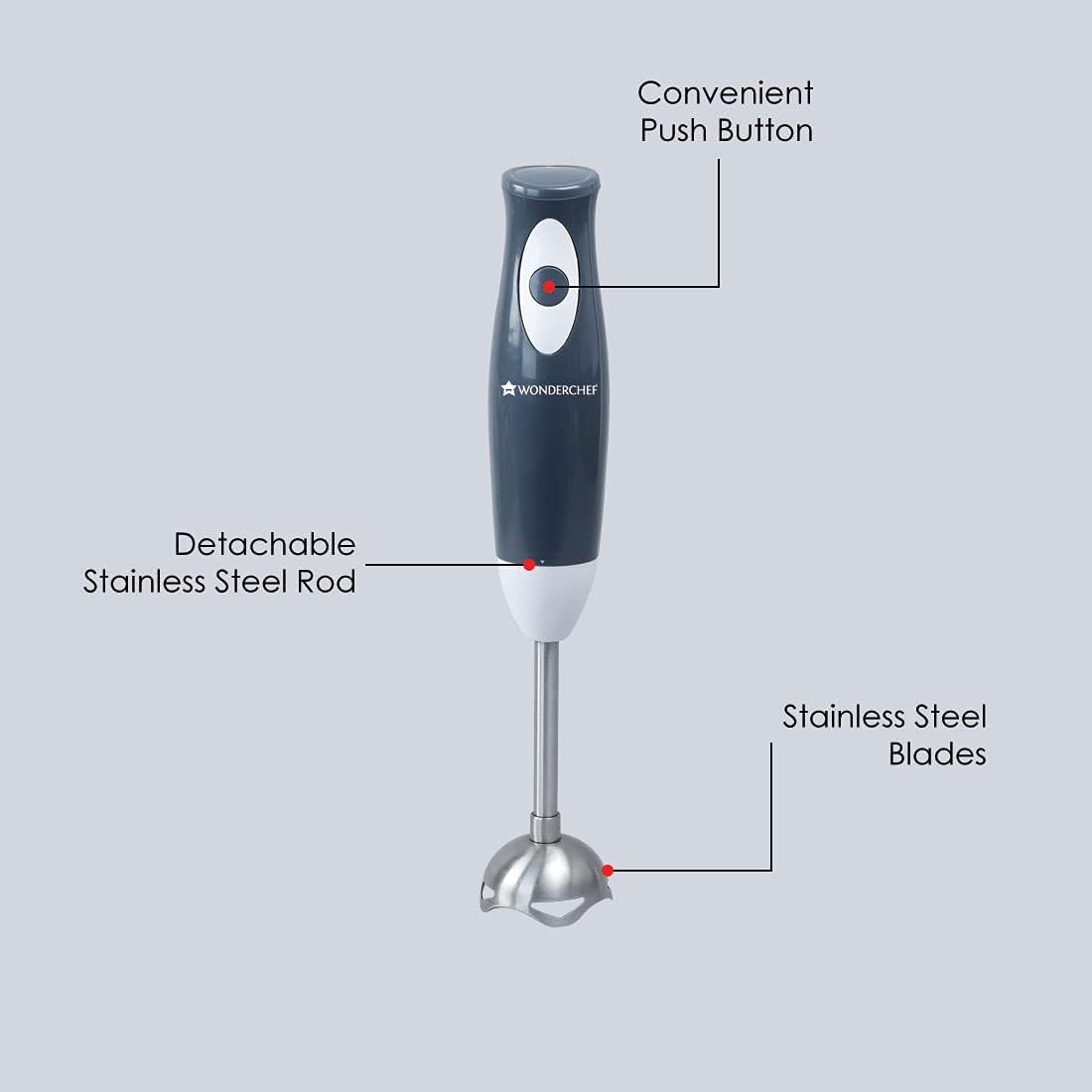 Wonderchef Ultima Plus hand blender with callouts for push button, detachable stainless steel rod and stainless steel blades