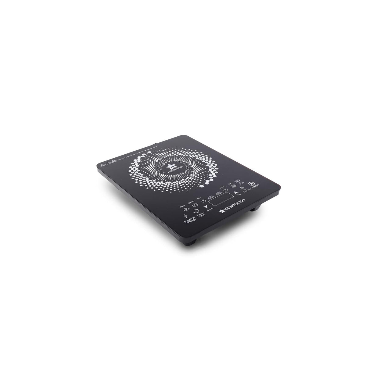 Wonderchef 63152875 Swift 2200 W black glass induction cooktop with touch control panel, angled view on white background