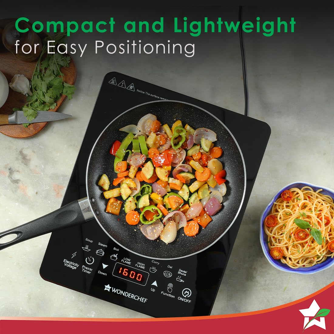Wonderchef 63152875 induction cooktop with a frying pan of vegetables and the display showing 1600