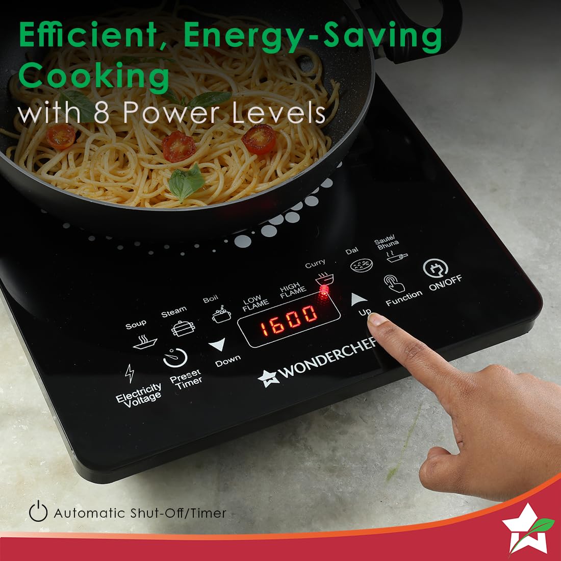 Close-up of the Wonderchef 63152875 touch control panel with a finger pressing Up, highlighting 8 power levels and automatic shut-off