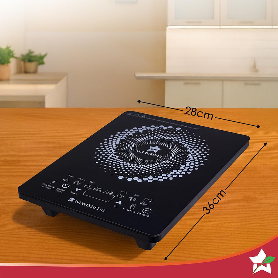 Wonderchef 63152875 induction cooktop on a kitchen counter with 28 cm by 36 cm dimensions marked