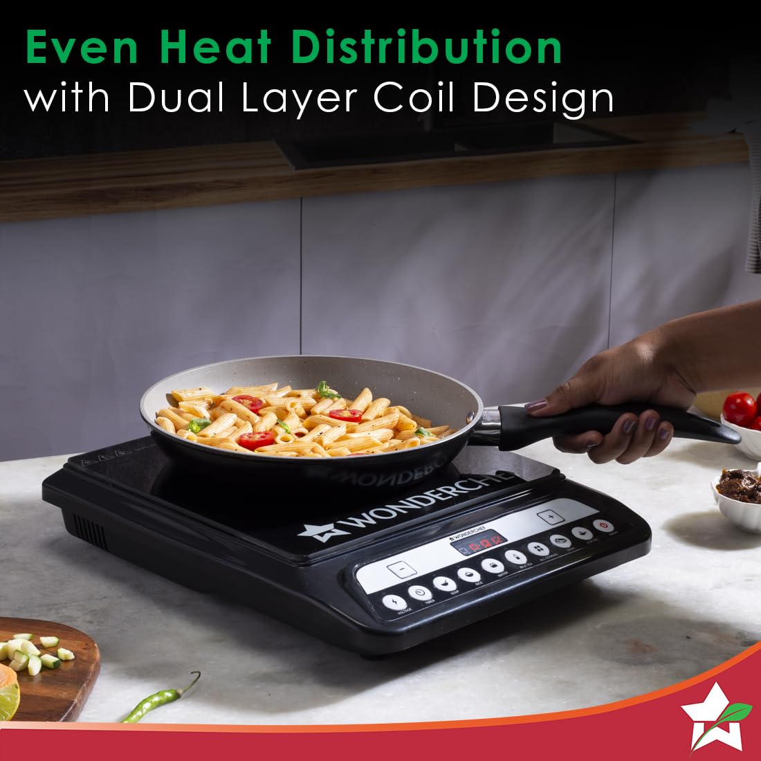Pan of penne pasta being cooked on the Wonderchef Power 63154814 induction cooktop