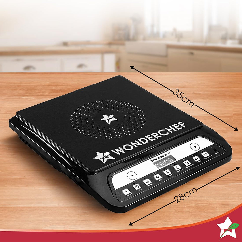 Wonderchef Power 63154814 induction cooktop on a wooden counter with dimension markings of 35 cm and 28 cm