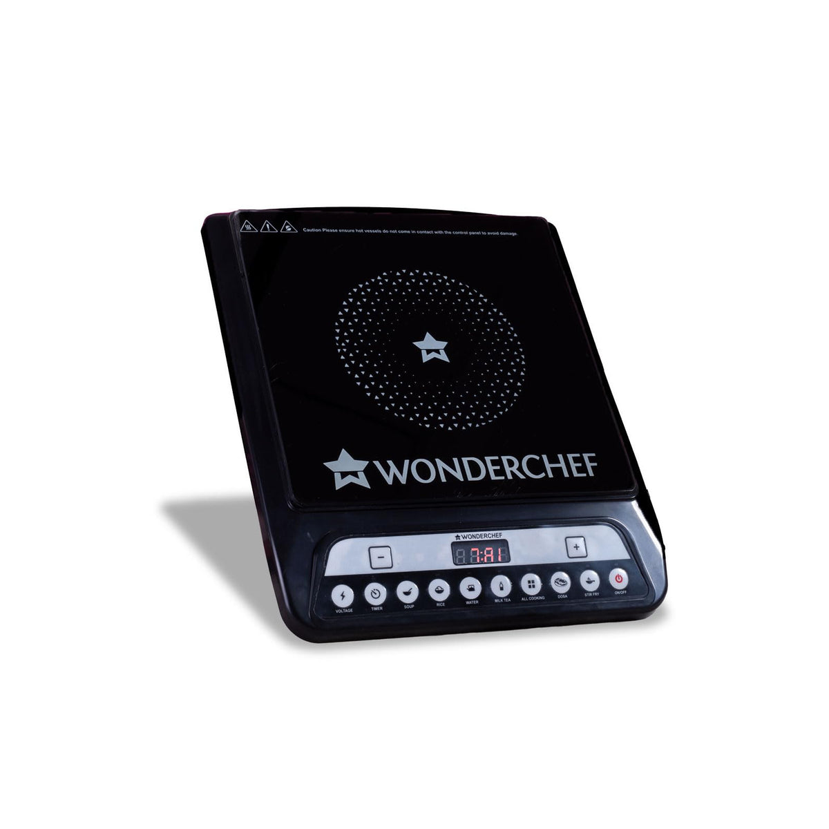 Wonderchef Power 63154814 1400 W induction cooktop in black, seen at an angle with its control panel and preset buttons