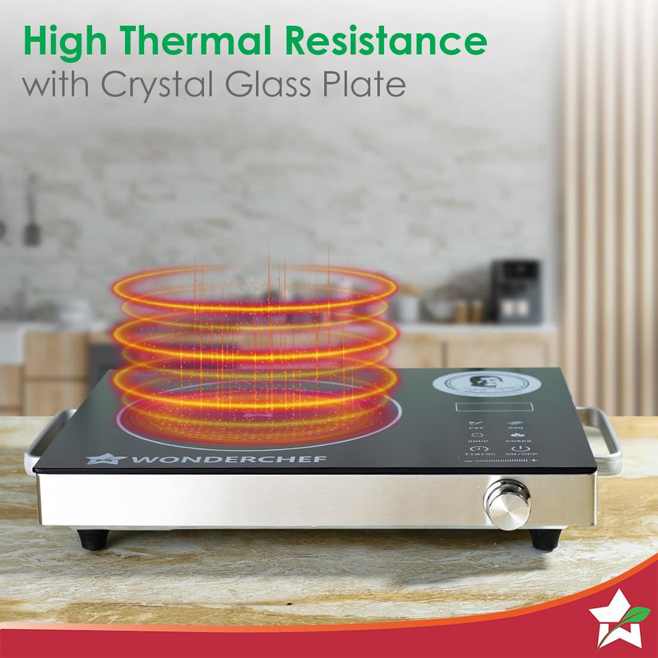 Wonderchef 63154925 infrared cooktop showing the crystal glass plate with heat rings above the heating zone