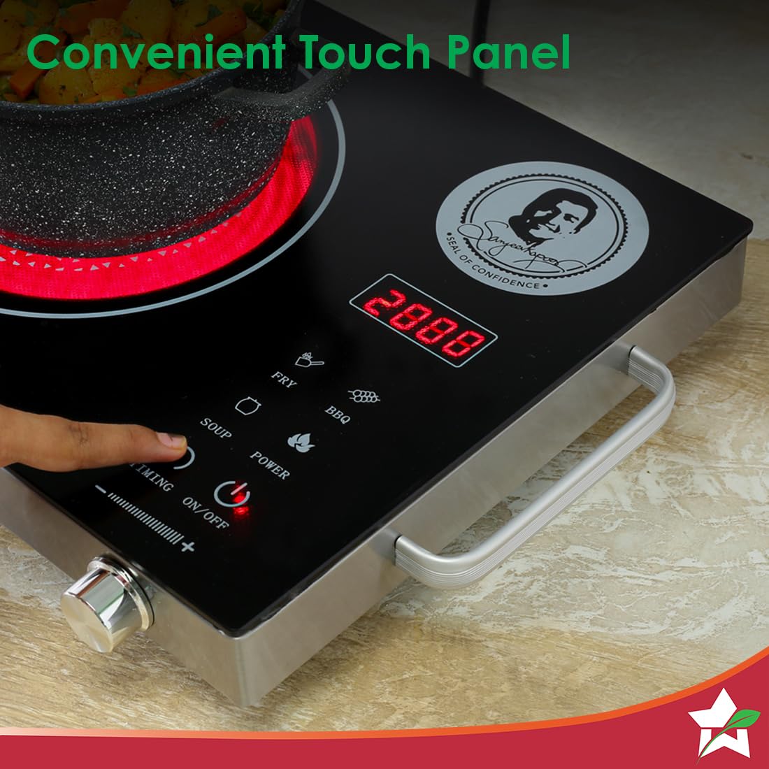 Wonderchef 63154925 cooktop touch panel with LED display, glowing heating zone and a pan in use