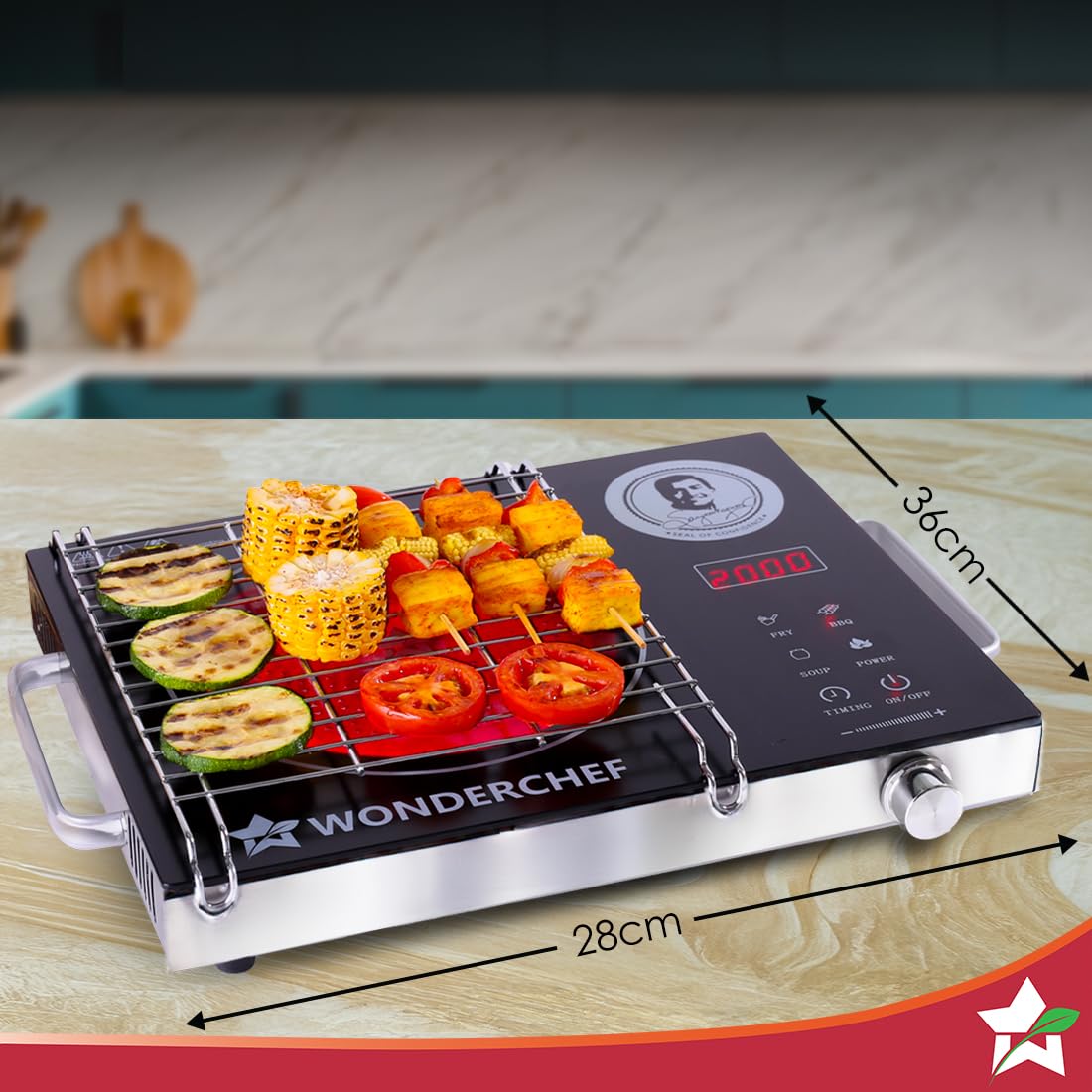 Wonderchef 63154925 infrared cooktop with barbeque grill on a counter, with dimension markings of 36 cm and 28 cm