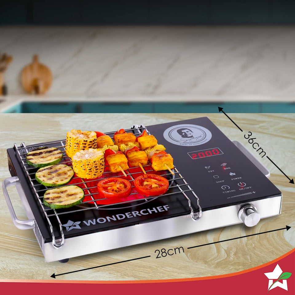 Wonderchef 63154925 infrared cooktop with barbeque grill on a counter, with dimension markings of 36 cm and 28 cm
