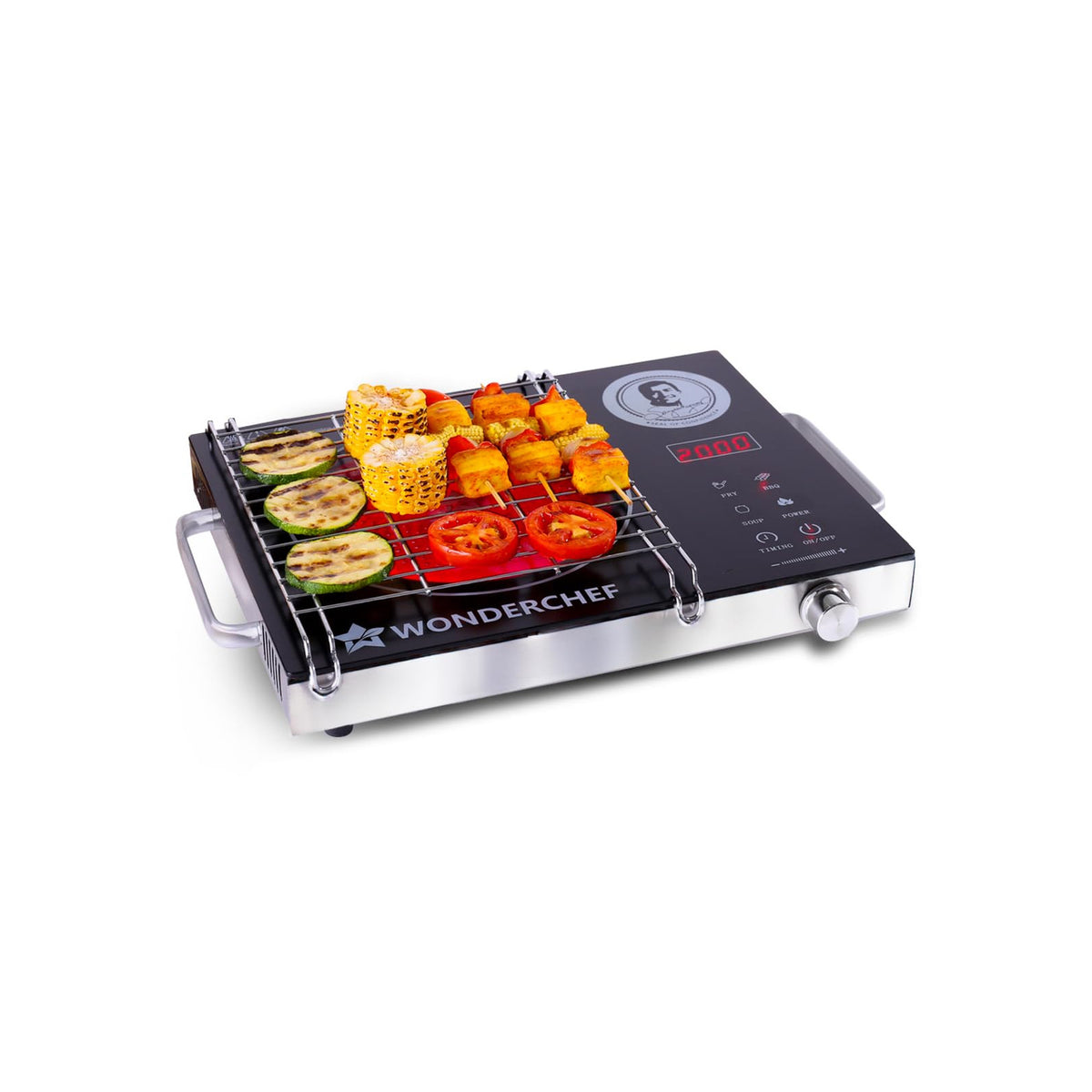 Wonderchef 63154925 Easy Cook infrared cooktop with barbeque grill holding grilled corn, paneer skewers, zucchini and tomato slices