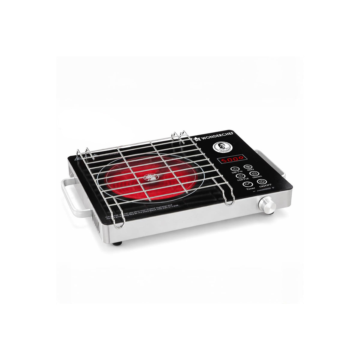 Wonderchef Evita 2200W infrared electric cooktop with barbecue grill fitted over the glowing red heating zone