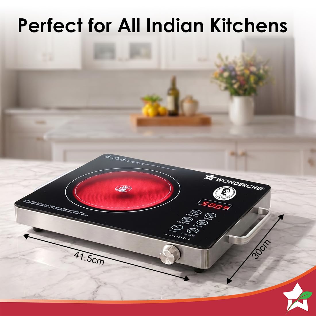 Wonderchef Evita infrared cooktop on a counter with dimensions of 41.5 cm by 30 cm marked