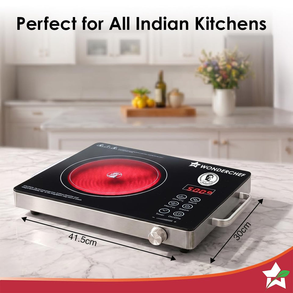 Wonderchef Evita infrared cooktop on a counter with dimensions of 41.5 cm by 30 cm marked