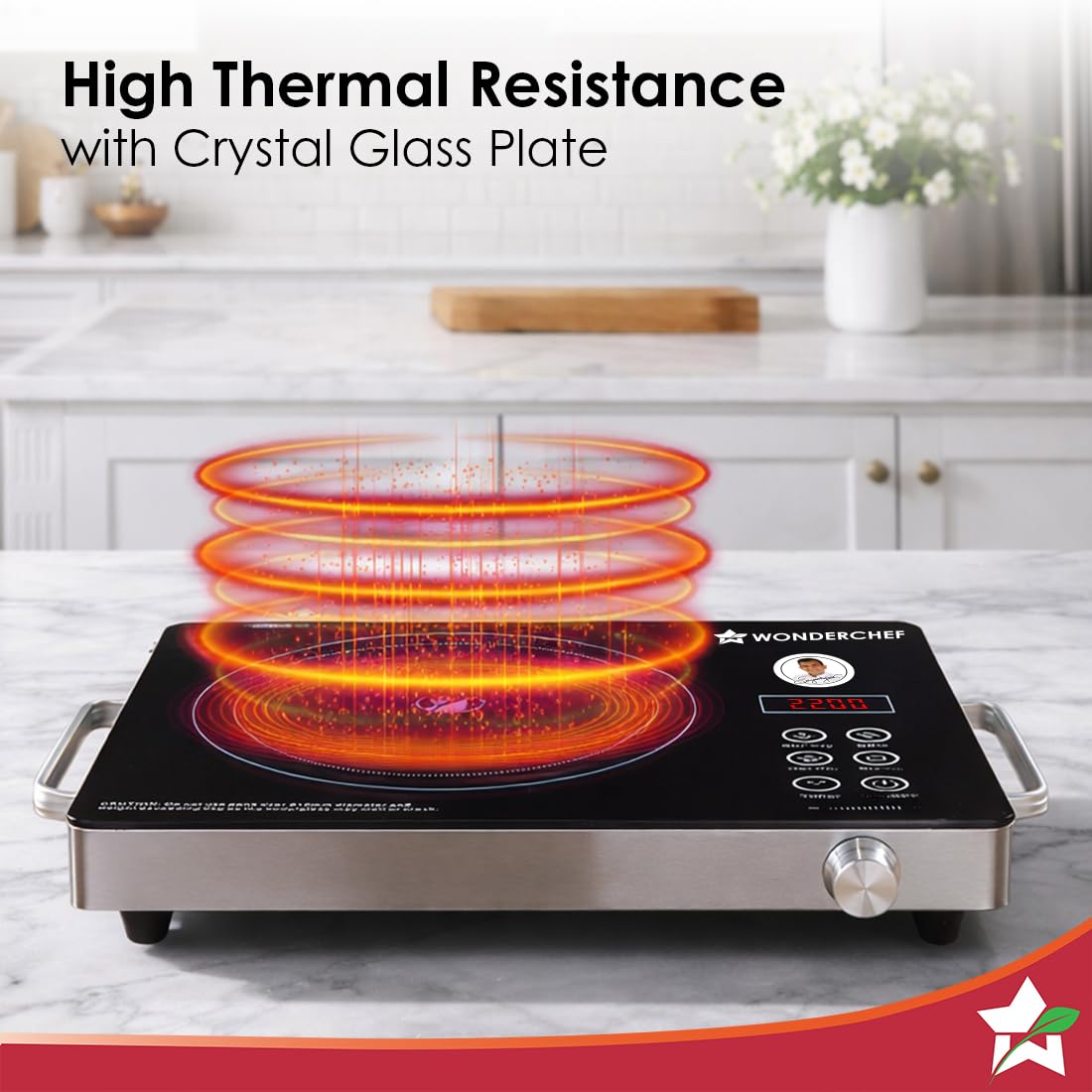 Wonderchef Evita cooktop with heat rings rising from the crystal glass plate and stainless steel body