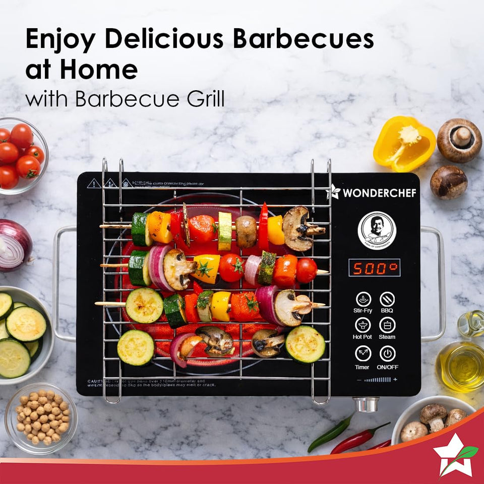 Wonderchef Evita cooktop with barbecue grill holding vegetable skewers, top view of touch controls