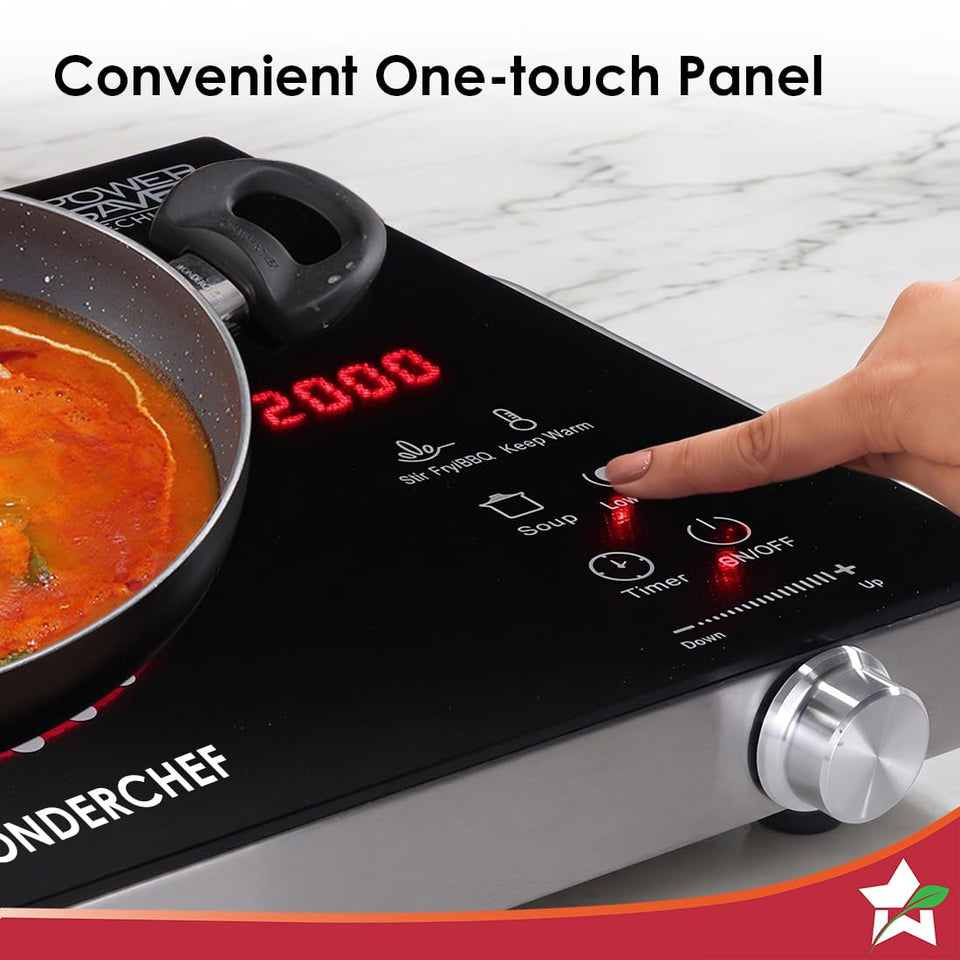 Close-up of the Wonderchef Smart Cook one-touch panel with preset functions, timer and control knob