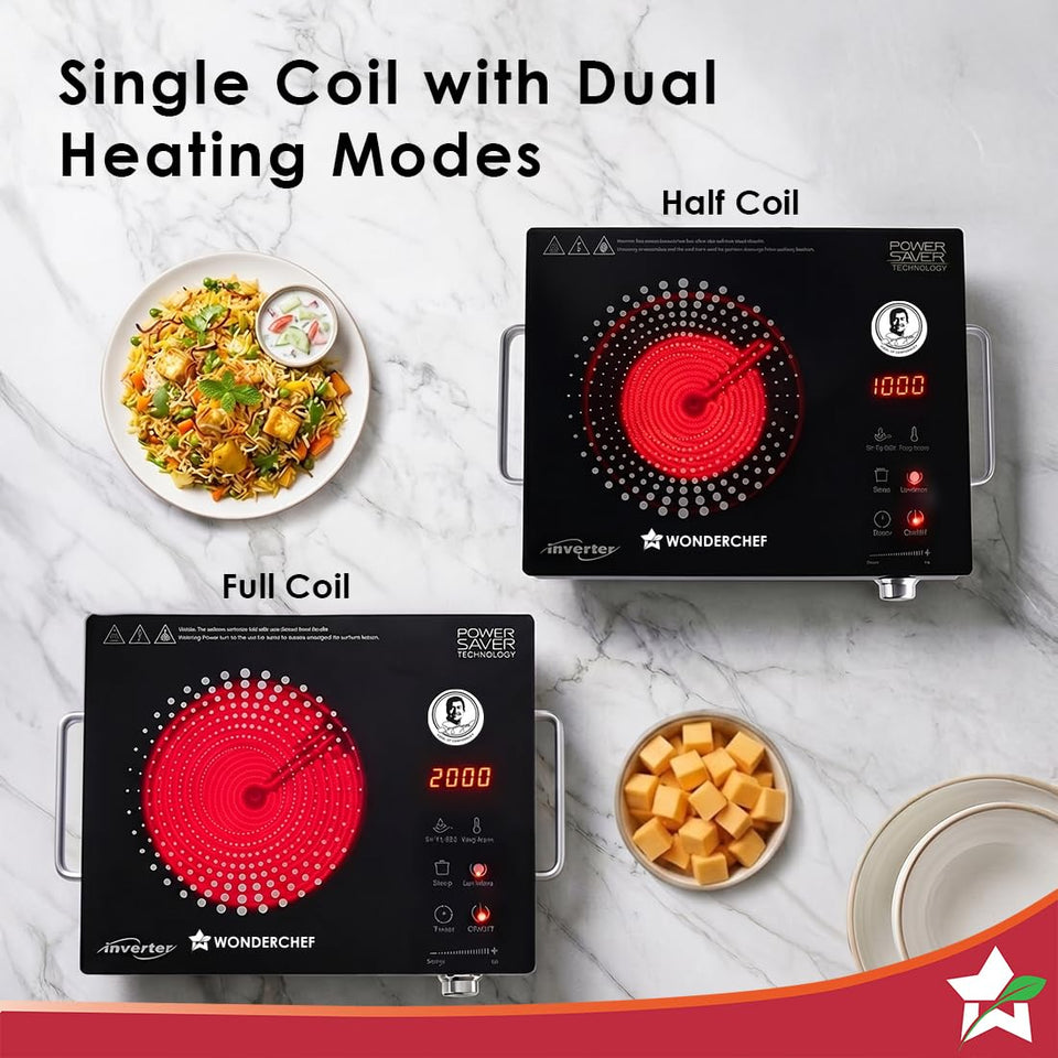 Wonderchef Smart Cook infrared cooktop showing half coil at 1000 and full coil at 2000 heating modes
