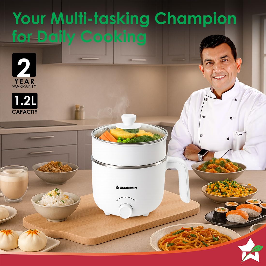 Wonderchef 63154900 Luxe multi cook kettle on a kitchen counter surrounded by cooked dishes, with 2-year warranty and 1.2 L capacity badges