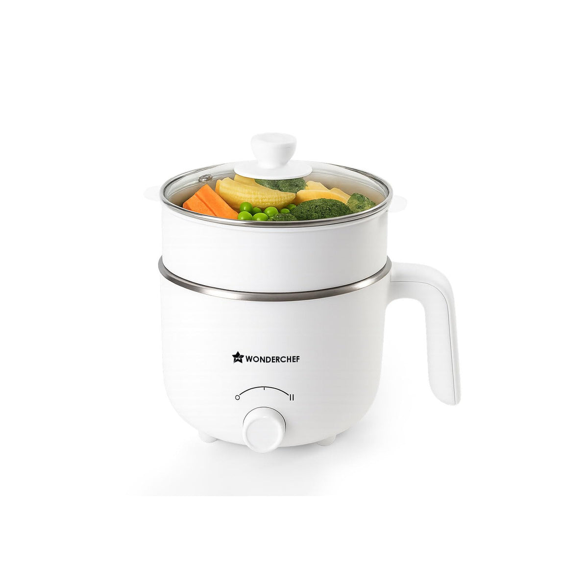 Wonderchef 63154900 Luxe Ivory multi cook kettle with glass lid and steamer pot holding vegetables, on white background