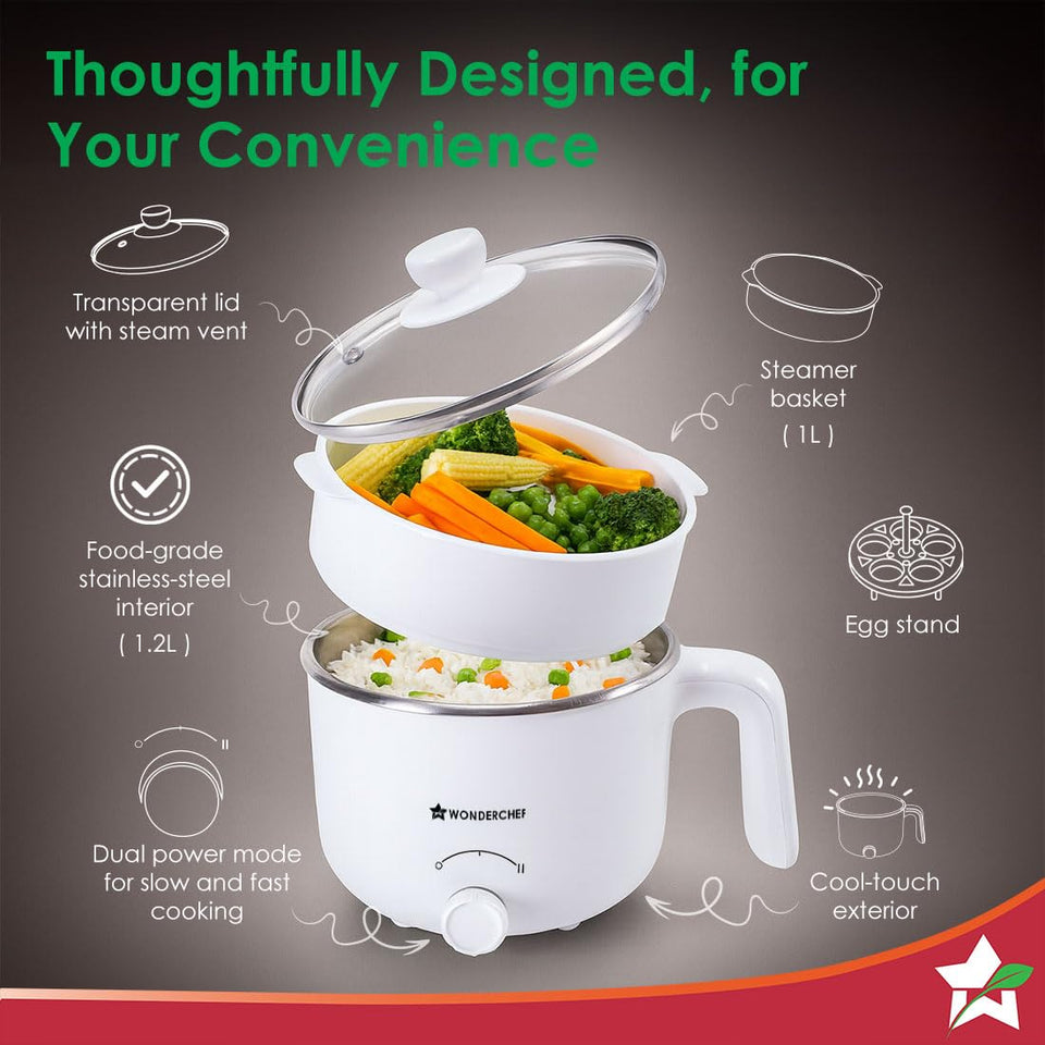 Wonderchef 63154900 Luxe multi cook kettle with lid and steamer lifted, labelling the steam vent lid, 1 L steamer basket, egg stand, 1.2 L steel interior, dual power mode and cool-touch exterior
