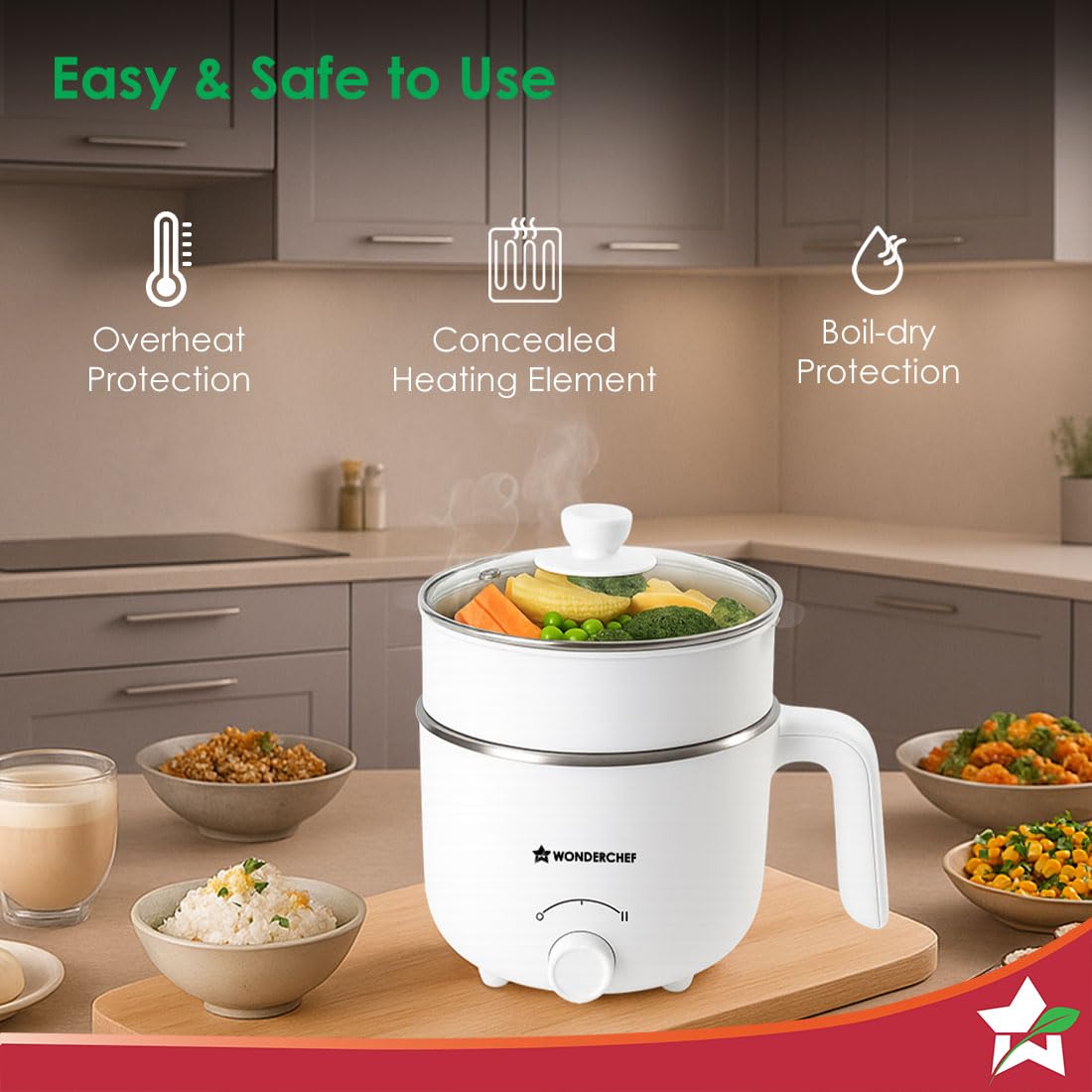 Wonderchef 63154900 Luxe multi cook kettle with overheat protection, concealed heating element and boil-dry protection icons
