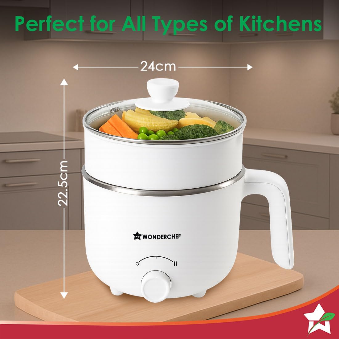 Wonderchef 63154900 Luxe multi cook kettle with dimension markings of 24 cm width and 22.5 cm height