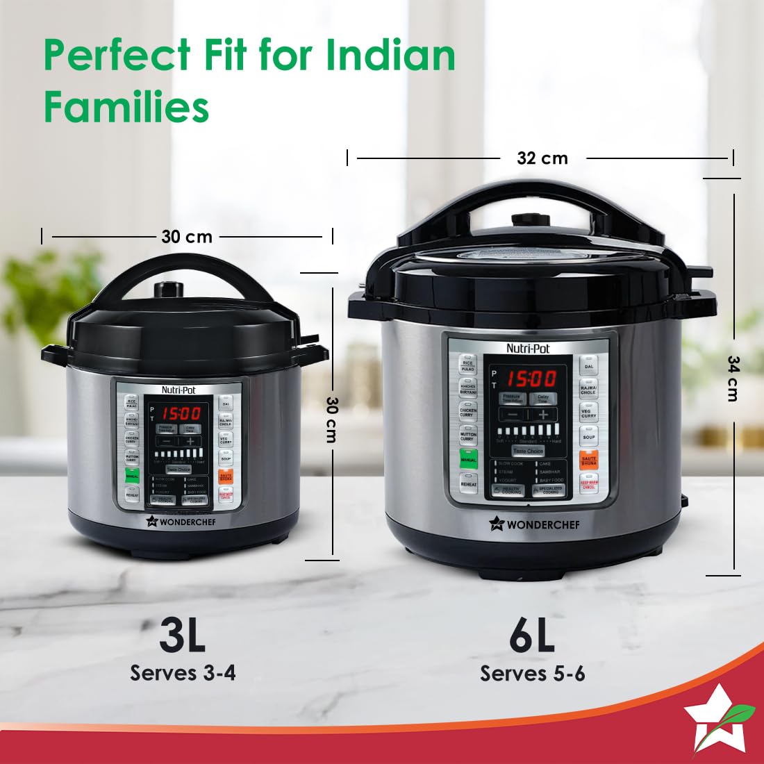 Wonderchef Nutri-Pot 63153102 3 L cooker size comparison with the 6 L model showing dimensions and serving sizes