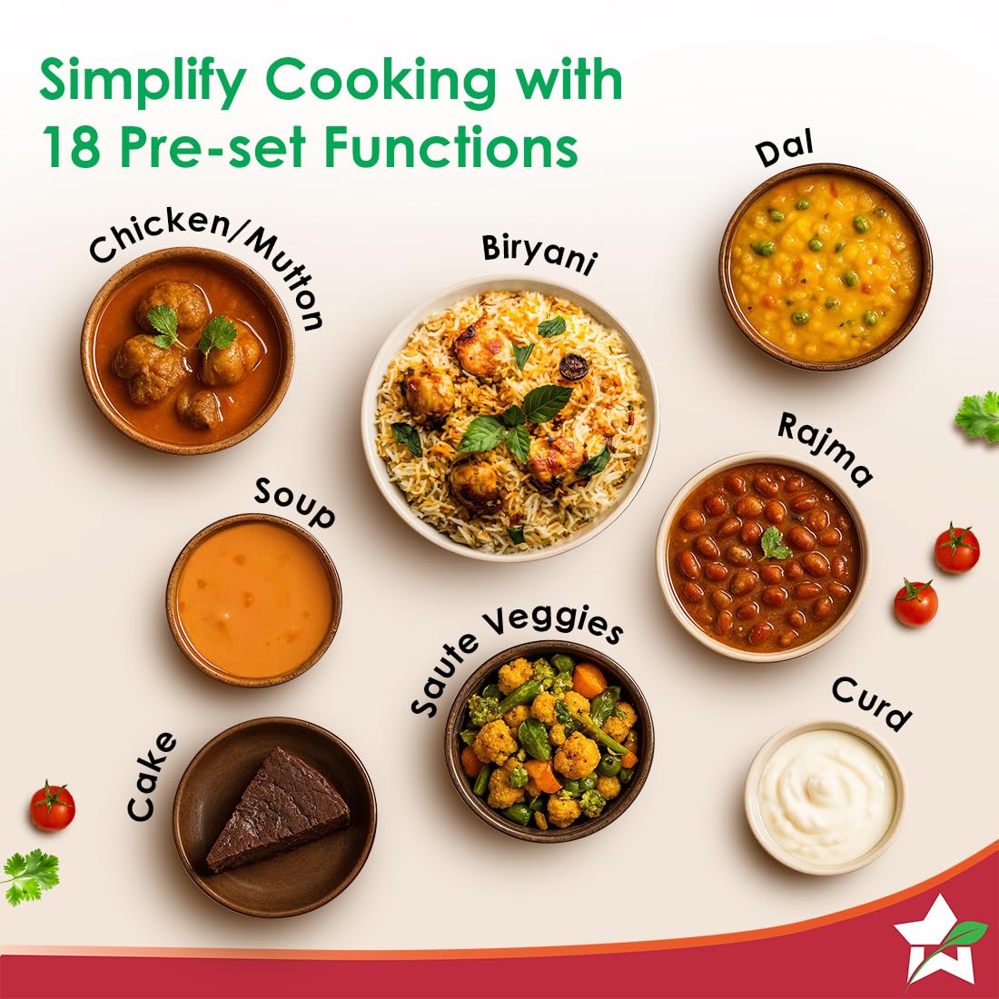 Wonderchef Nutri-Pot 63153102 18 pre-set functions graphic with dal, biryani, rajma, soup, cake, curd and curry dishes