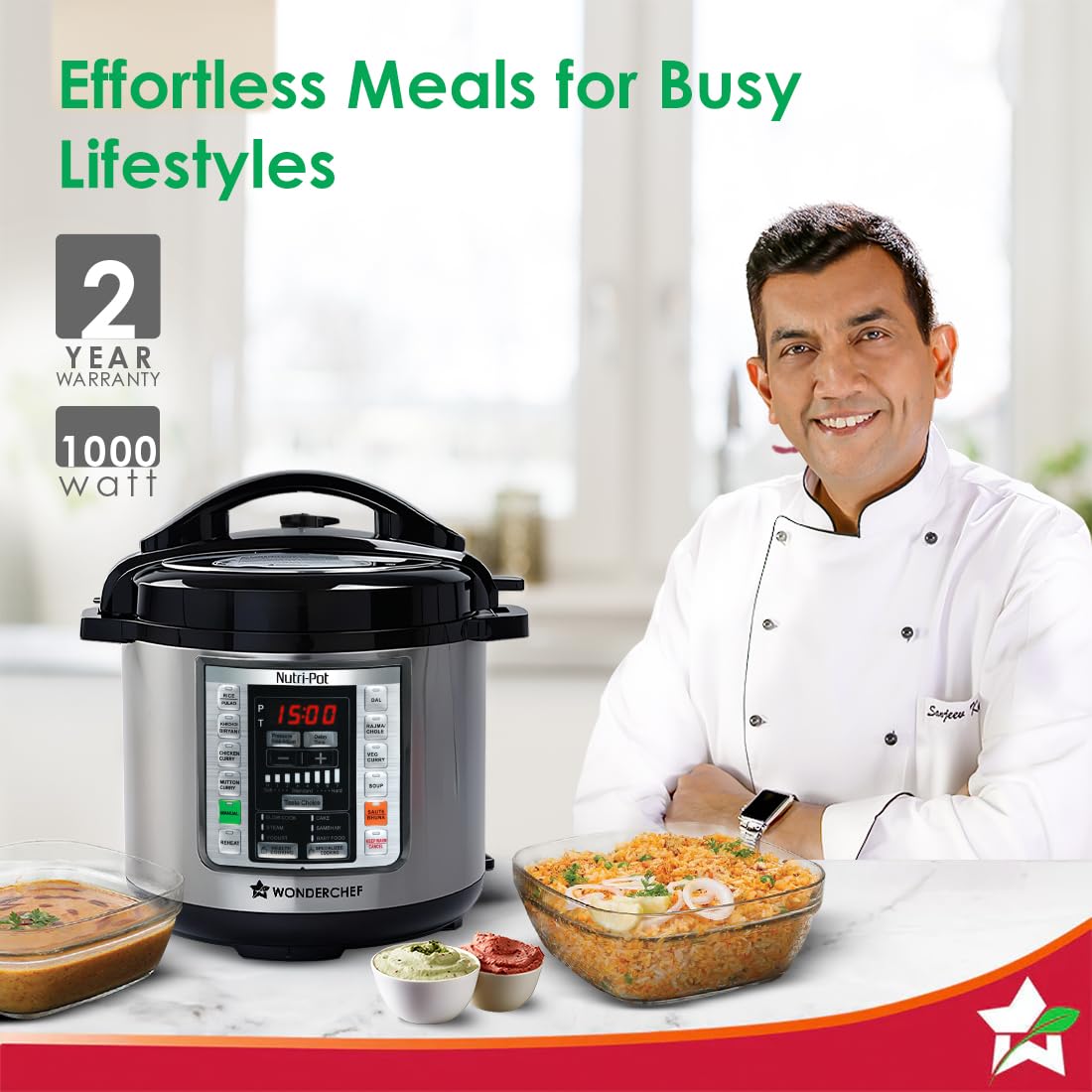 Wonderchef Nutri-Pot 63152847 with 2-year warranty and 1000 watt badges beside a chef and plated biryani and dal