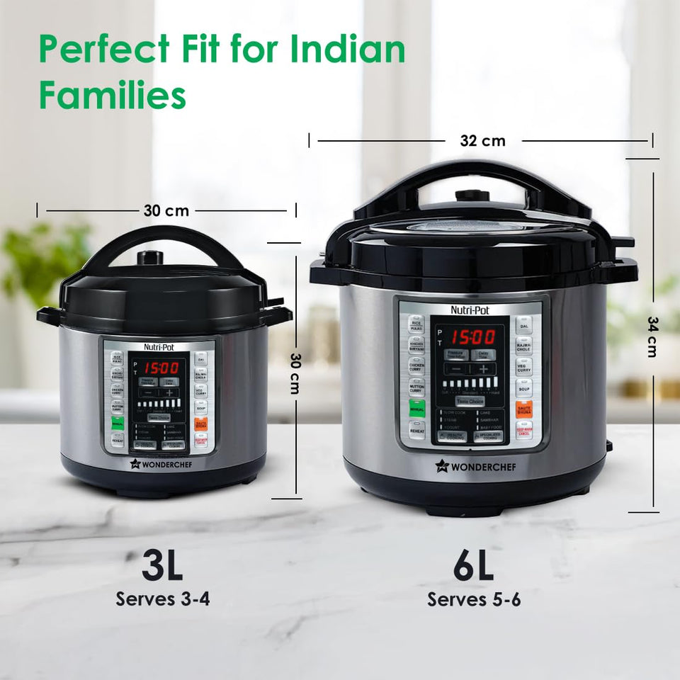Wonderchef Nutri-Pot 63152847 6 L model shown beside the 3 L version with dimensions marked