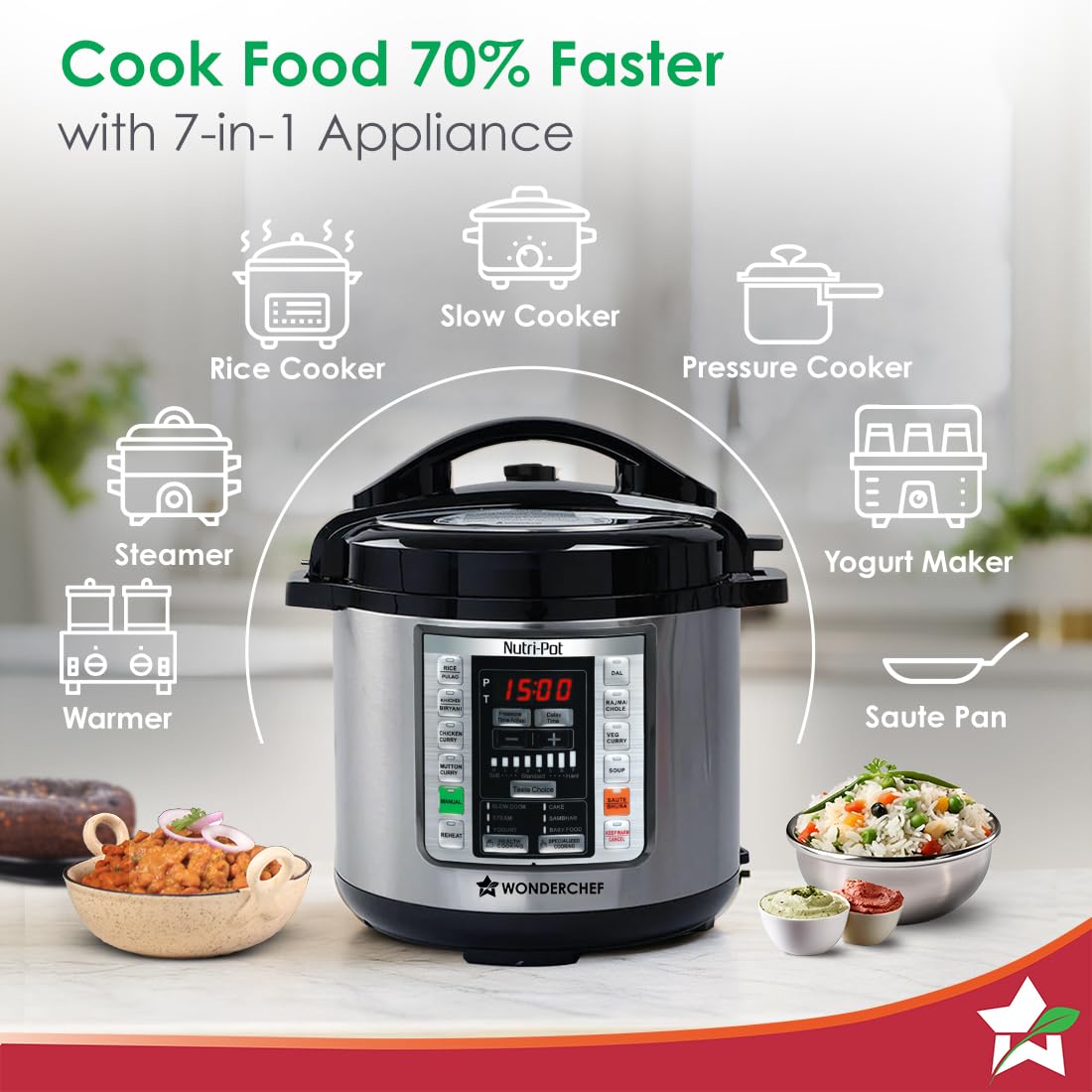 Wonderchef Nutri-Pot 63152847 surrounded by icons for its 7-in-1 functions including rice cooker, slow cooker and steamer