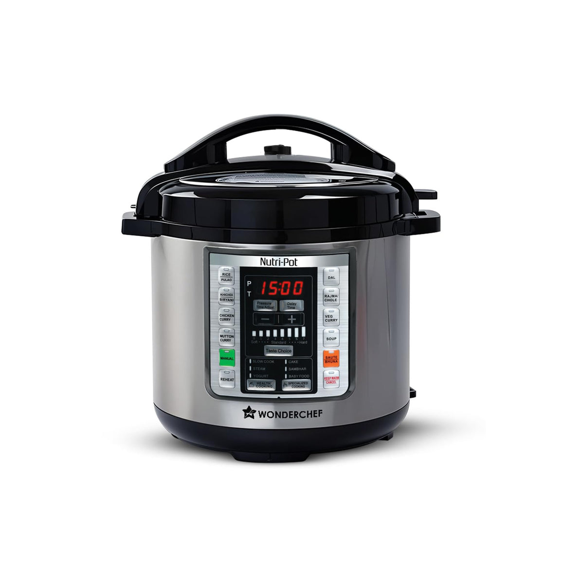 Wonderchef Nutri-Pot 63152847 6 L electric pressure cooker with black lid and digital control panel on a white background