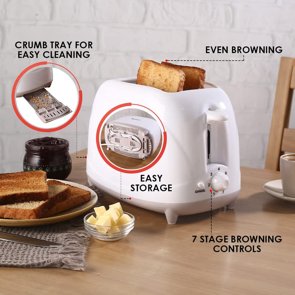 Wonderchef Ultima toaster with callouts for crumb tray, easy storage, even browning and 7 stage browning controls