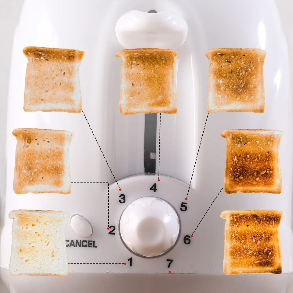 Close-up of the Wonderchef Ultima toaster dial showing seven browning levels with matching toast shades from light to dark