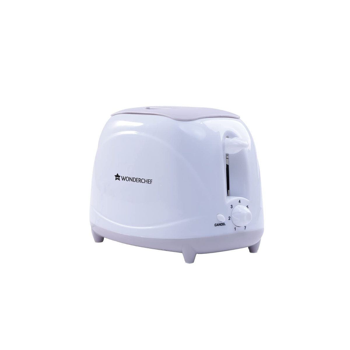 Wonderchef Ultima 2 slice pop-up toaster in white with browning dial and cancel button, front three-quarter view on a plain background