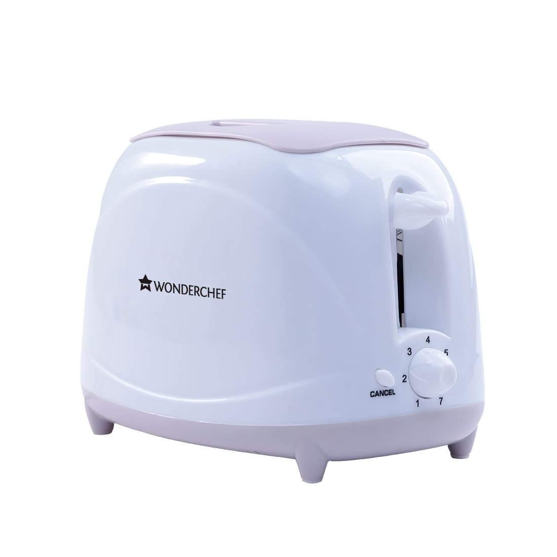 Wonderchef Ultima 2 slice toaster with lid cover fitted, showing the dial numbered 1 to 7 and cancel button