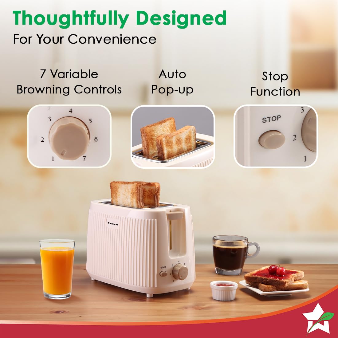 Wonderchef Regalia 63155114 toaster showing 7 browning controls, auto pop-up and stop button