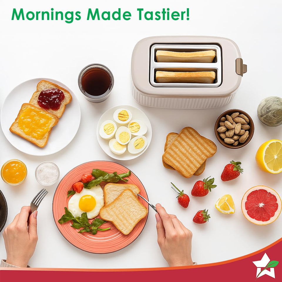 Top view of Wonderchef Regalia 63155114 toaster with toast slices beside a breakfast spread