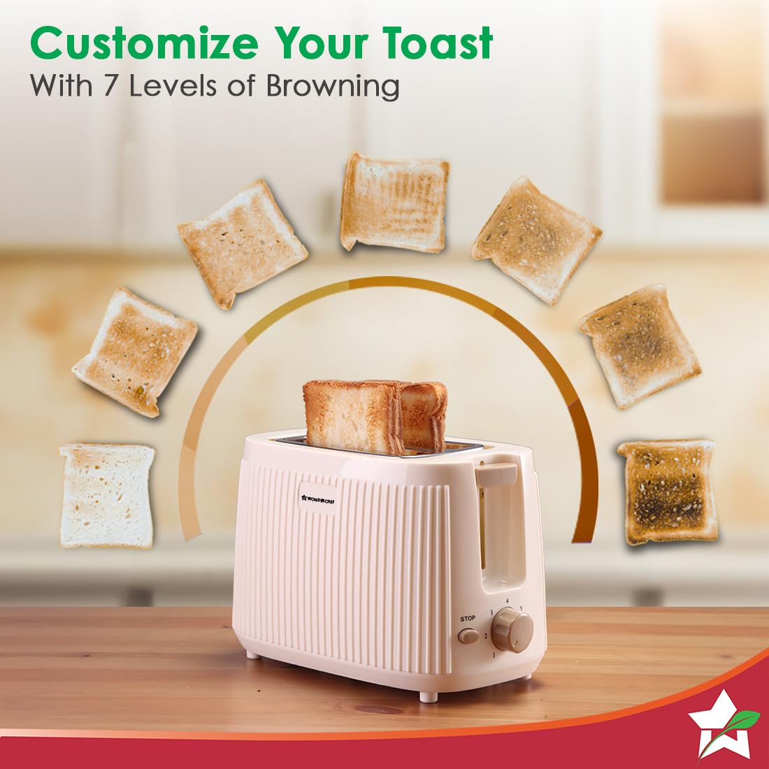 Wonderchef Regalia 63155114 toaster with seven levels of toast browning shown in an arc