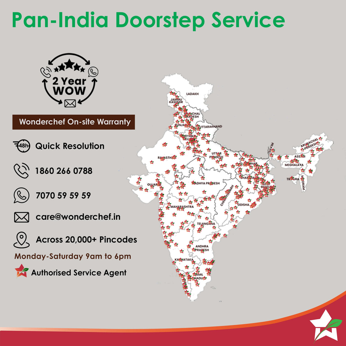 Wonderchef on-site warranty and pan-India doorstep service information graphic for the Regalia 63155114 toaster