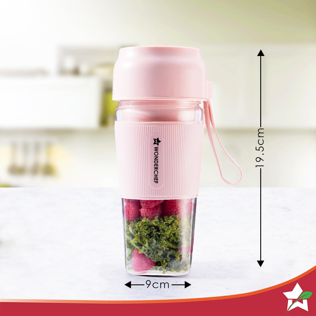 Wonderchef Nutri Cup 63154460 pink portable blender with size marked at 19.5 cm height and 9 cm width