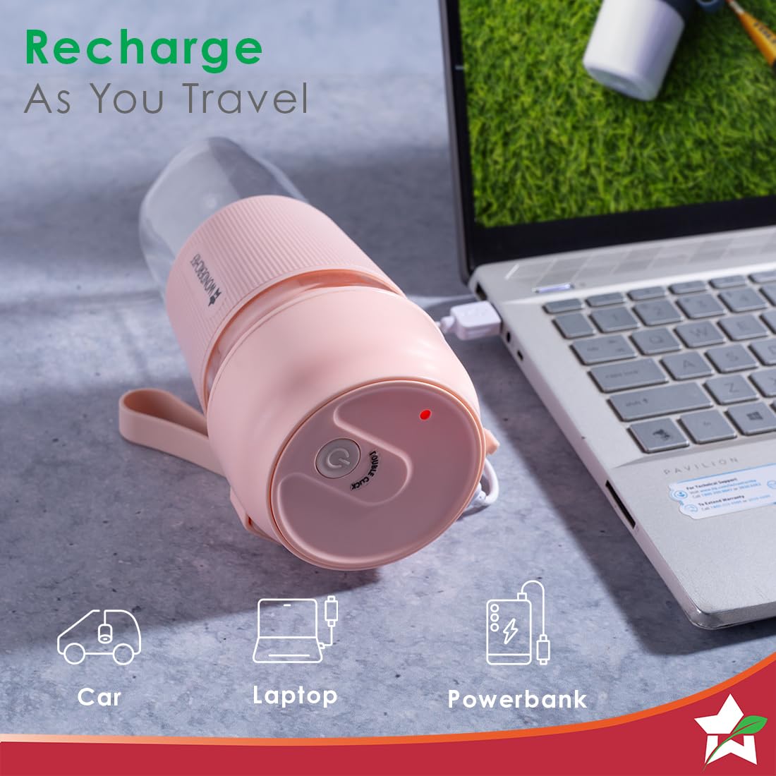 Wonderchef Nutri Cup 63154460 pink portable blender being charged by USB from a laptop, with car, laptop and power bank charging icons