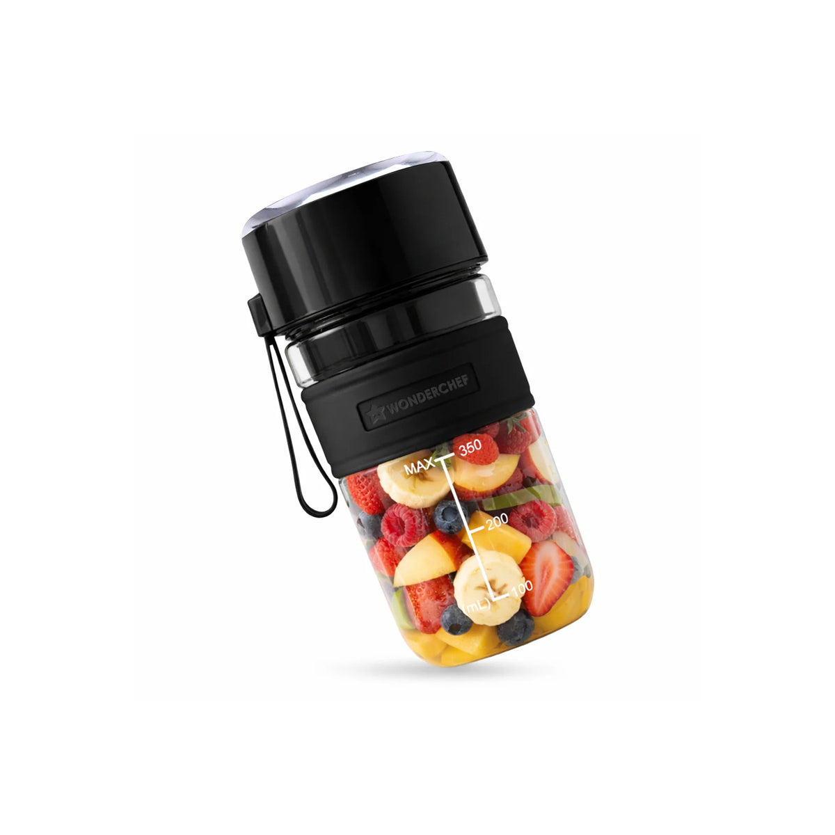 Wonderchef Nutri Cup Zip black portable blender with 350 ml jar filled with mixed fruit and a carry loop on the lid