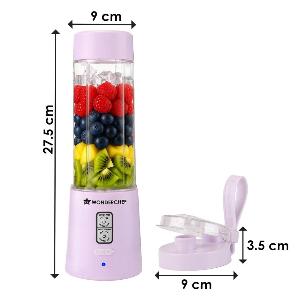 Wonderchef Twister 63155201 portable blender with dimension callouts of 9 cm width and 27.5 cm height, and the lid at 9 cm by 3.5 cm
