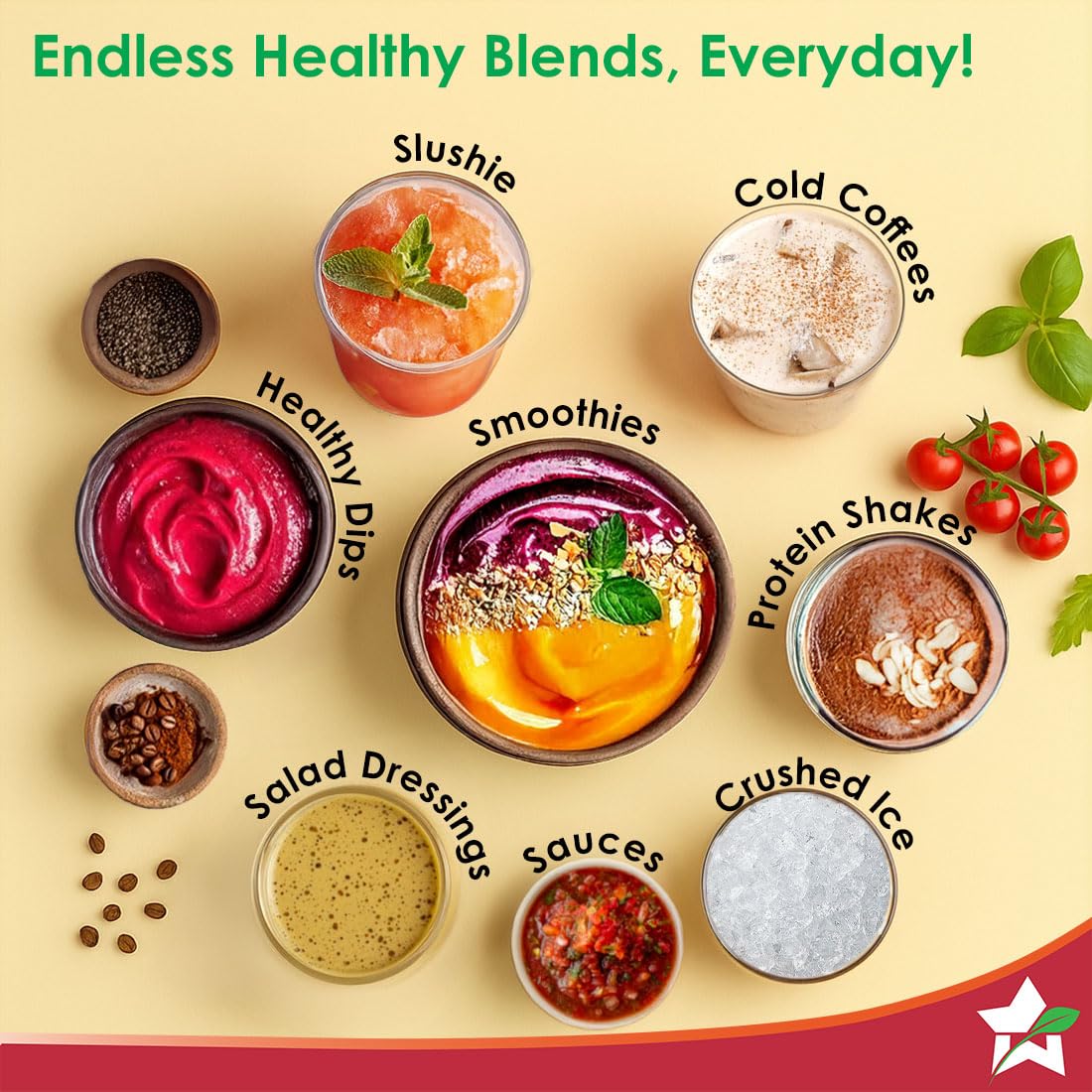 Wonderchef Twister 63155201 serving ideas: smoothies, slushies, cold coffees, protein shakes, dips, salad dressings, sauces and crushed ice