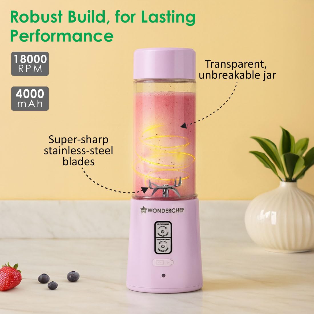 Wonderchef Twister 63155201 blender with callouts for 18000 RPM, 4000 mAh, stainless-steel blades and a transparent unbreakable jar